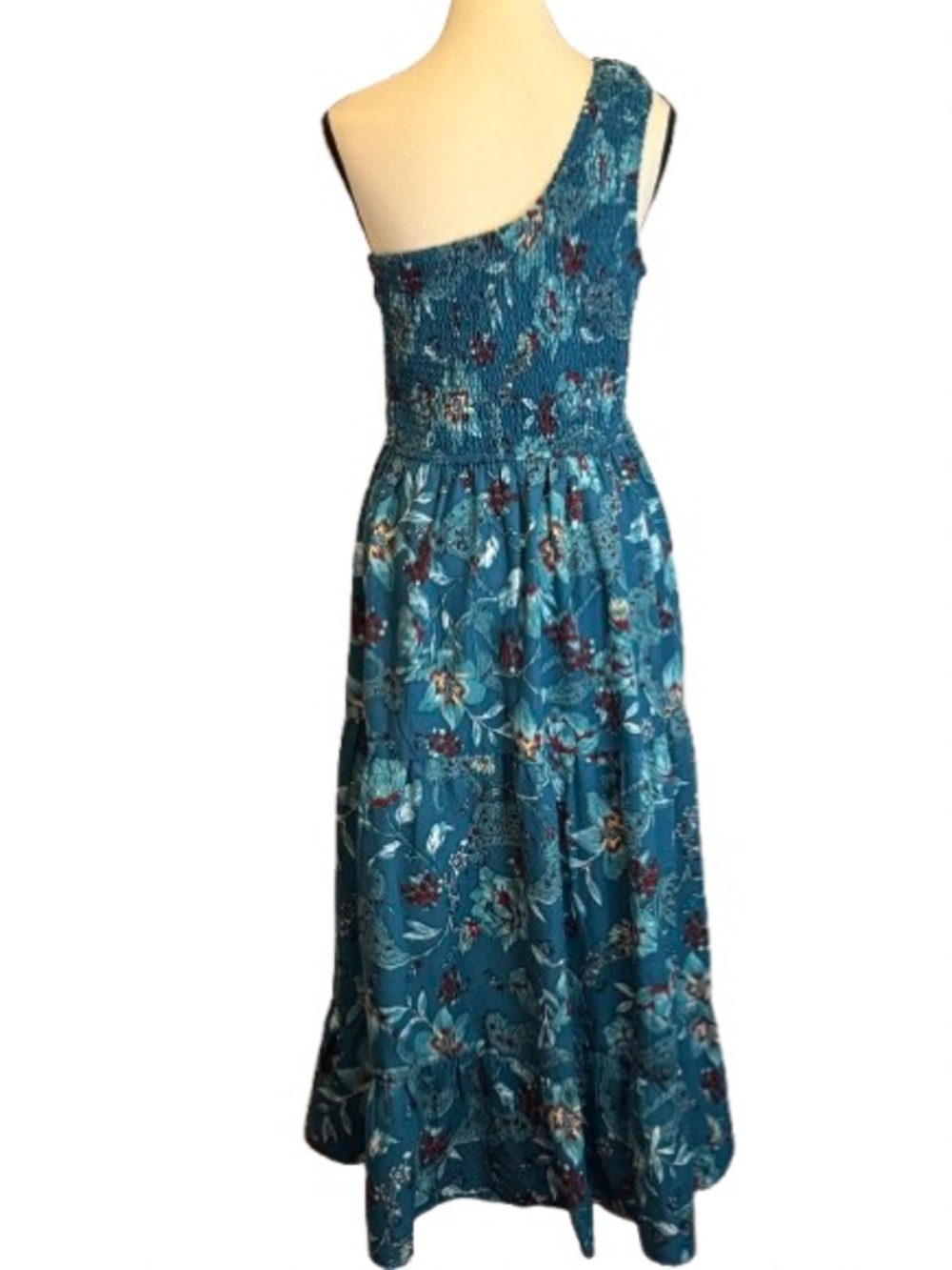 Band of the Free One Shoulder Floral Smocked Maxi Dress pockets Teal Size L Boho - Picture 7 of 7